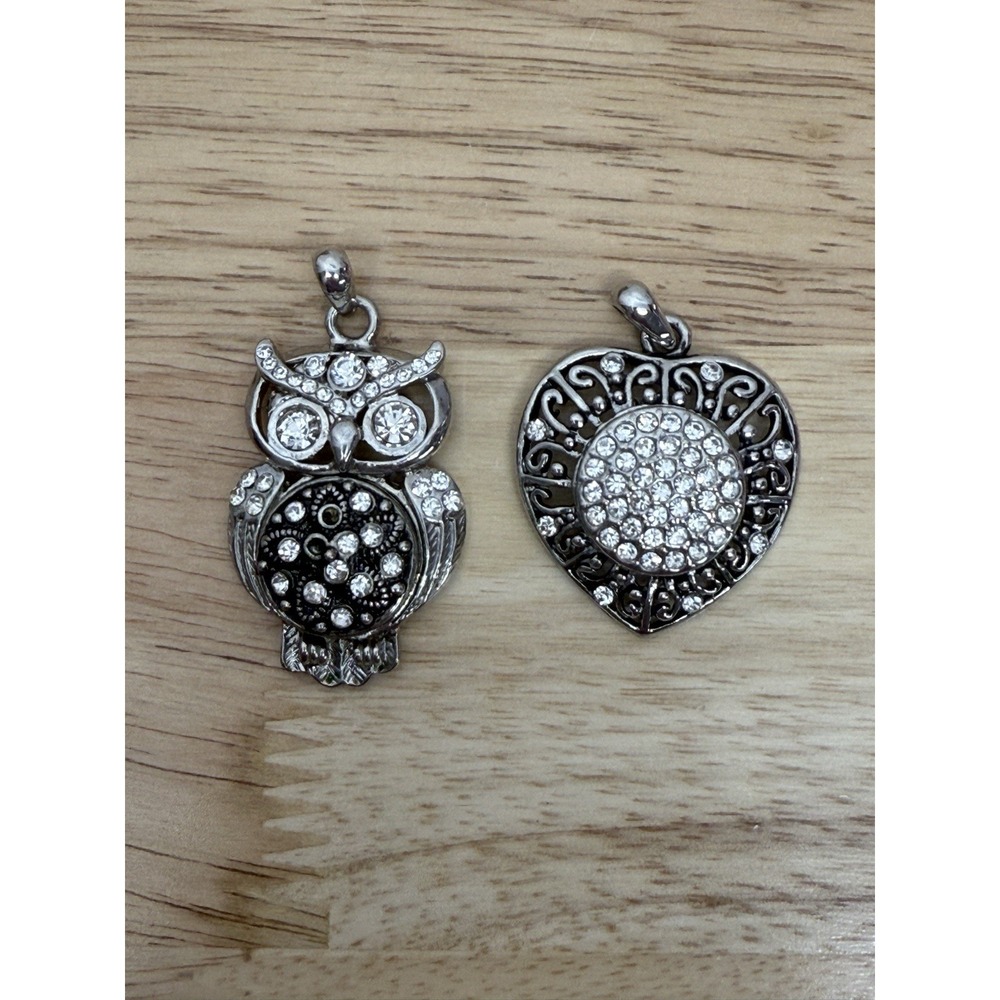 Ginger Snaps Style‎ Heart-Shaped & Owl Pendant Rhinestone 2 Snap Charms